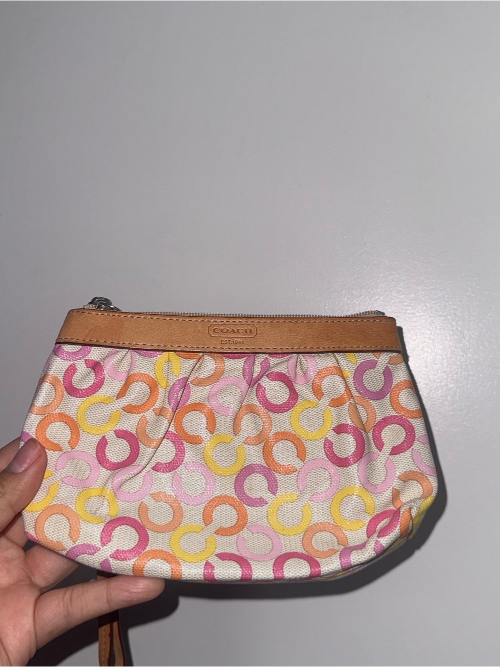Coach Multicolor Op Art Canvas Pleated Wristlet Pink Peach Yellow Tan